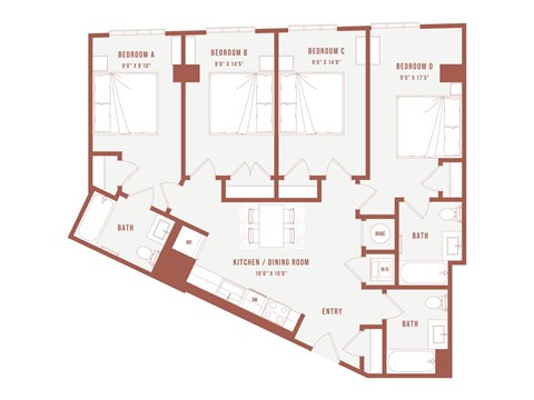 A floor plan of a house with four bedrooms and a kitchen/dining room.